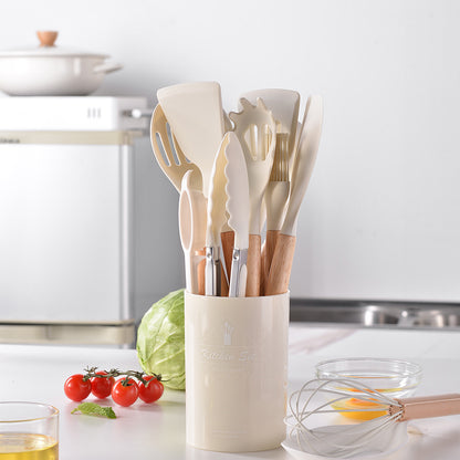 シリコンキッチンツール14点セット - 木製ハンドル ノンスティック 調理器具